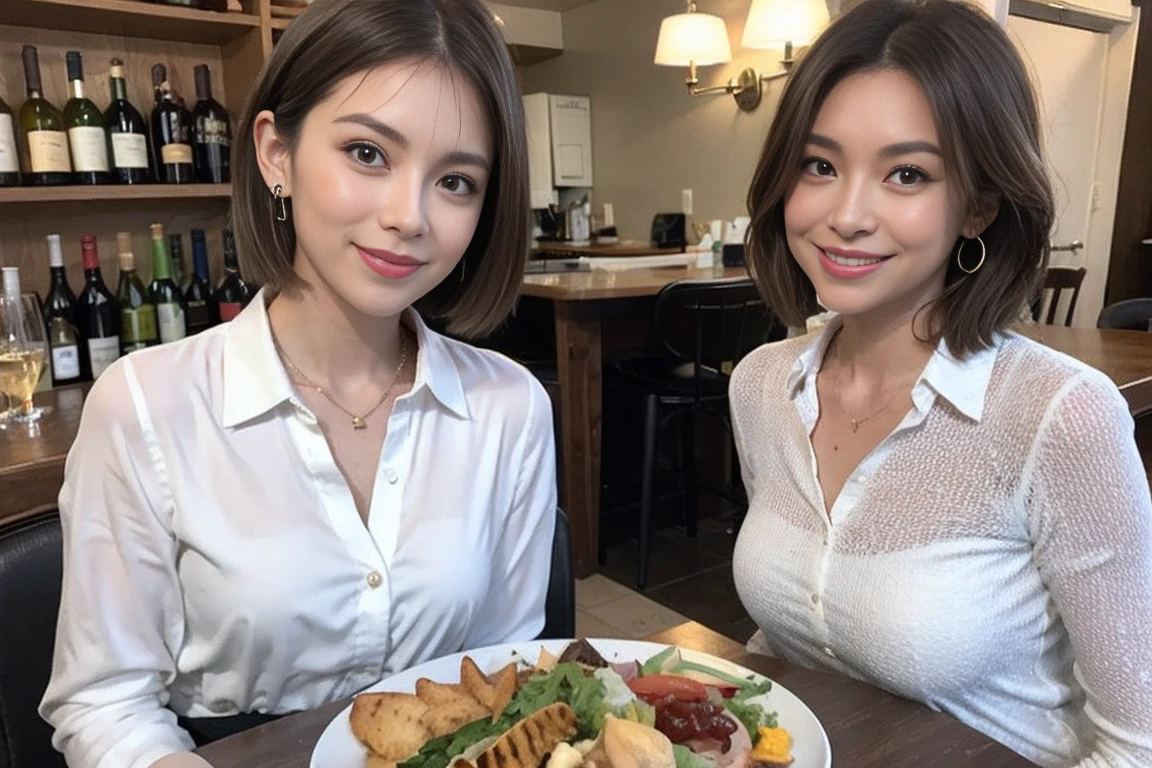 (Realistic:1.1),(masterpiece,Highest quality),8k,(49 years old), 53 years old, ベリーslimボディ、slimカップル、Tight waist,Upper Body,full-course dinner、wine 、Amazing view of the sunset sky and clouds、Perfect Anatomy, Brown Hair, short hair,Random Hairstyles,((Highly detailed face and eyes:1.2)),Perfect golden ratio face,Long sleeve shirt、dress,(smile:1.2)、Shortcuts、cute、(Realistic, Intricate details:1.2), A bright smile、short hair,Bright Face、赤wine 、Appetizers、Italian food、wine bottle、Champagne、スパークリングwine、(slimな顔), (The body is slim), (Brown Hair), (Shortcuts), Upper Body, 白wine, slim, wineグラス,