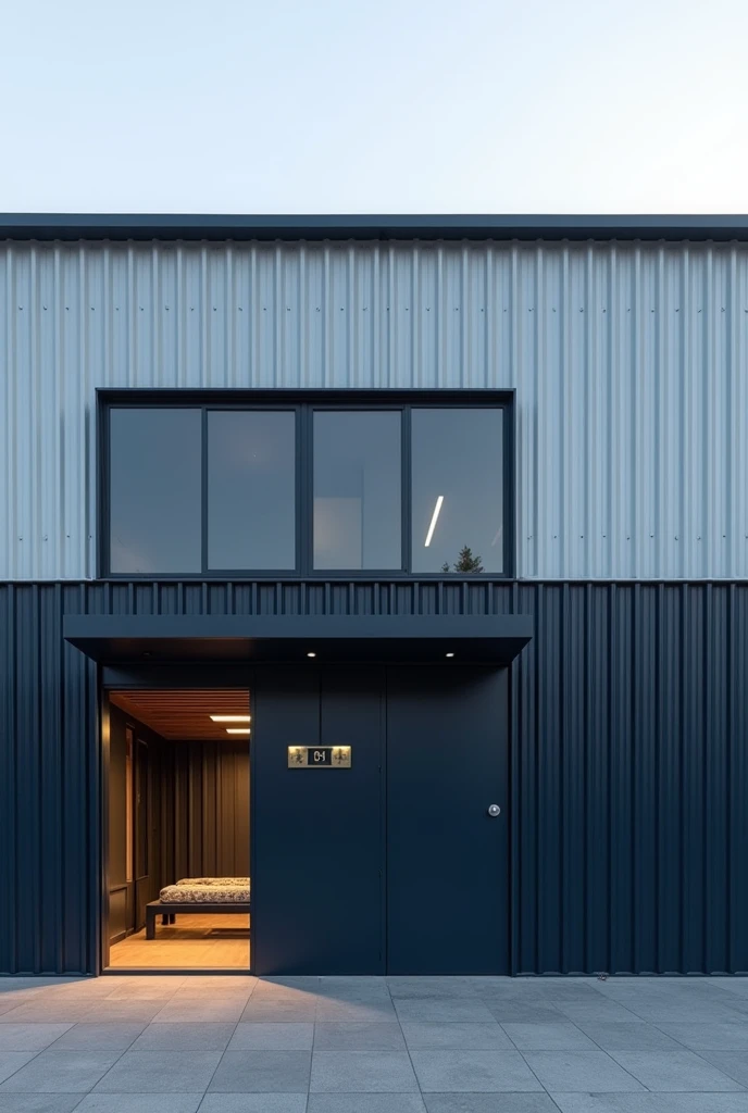 Create for me a facade of a commercial workshop with a black floor in dark blue on half the wall and on the other half above in light gray. 
