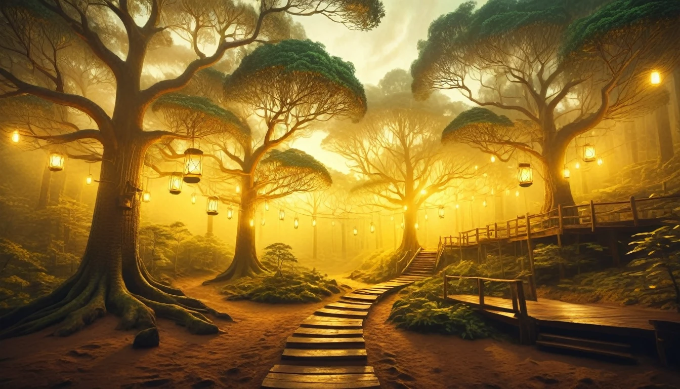 Aesthetic illustration in realistic style, Majestic tree in the center of the picture, several cozy wooden tree houses, Cozy tree huts glow yellow, vintage lanterns hang on the tree, Magical foggy forest in the background, masterpiece, very beautiful illustration, Rich in Detail and Color, (Iridescent: 1.2), (Glow, Atmospheric Lighting), Dreamy, Magical, (Solo: 1.2) dreamy, ethereal, ultra-detailed, Strong contrast, Good depth of field, 8K wallpaper, Masterpiece, Aesthetic illustration in realistic style, best quality, natural light, high res, highly detailed,A forest corridor featuring the largest tree in the forest, large and tall. At its base is a house, its lights glowing in the dimness of the tropical forest gloom, lights hang in the air, ethereal and mystical, magical atmosphere, beautiful and dreamy, fantasy style, dreamlike fantasy art, Photorealistic drone photo of a mountain slope.