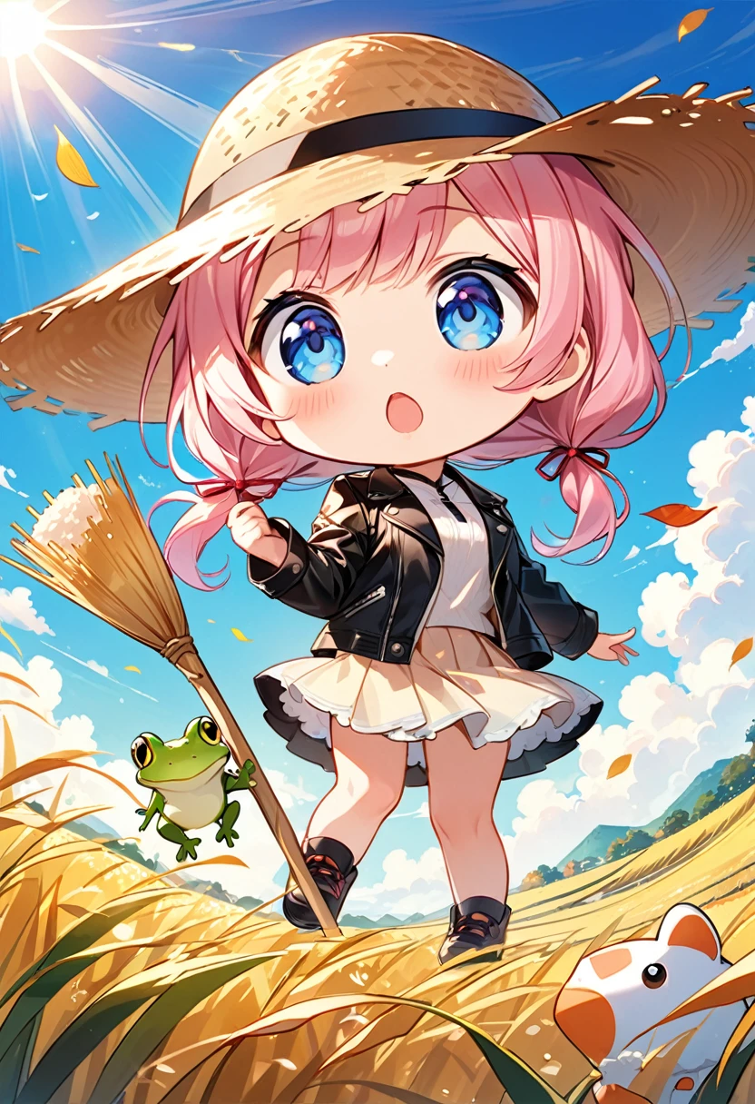 Highest quality、High resolution、Detailed Background、Beautiful face in every detail、Anatomically correct、Detailed facial expressions、fine grain、Movie Posters、((full body, from below:1.2, side shot, looking away:1.2)), break ((One Girl:1.2)、((Chibi Girl:1.2)))、Bright pretty hair color、Big beautiful blue eyes、Fuller lips、Pink Lips、Braided twintails、Ahoge、(Rice harvesting specialist:1.2)、(Cute black leather jacket、Cute Skirt、cute leather shoes、Straw hat)、break ((Harvesting rice in the rice field:1.2、Holding a sickle in his hand))、((The background is a peaceful autumn rural landscape.、Ear of rice、Intense sunlight))、(The frog is jumping:1.2)、