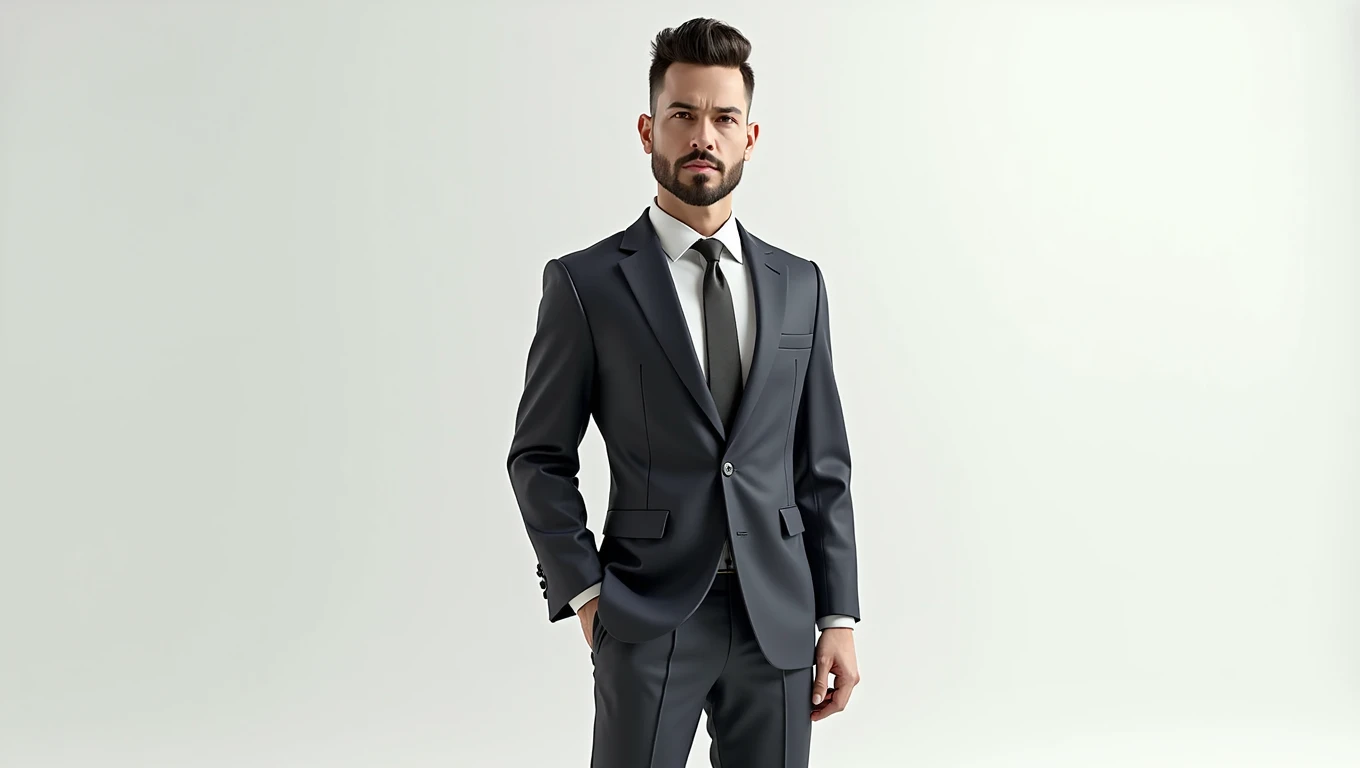 : A realistic 3D rendering of a computer model of a man, captured in a white studio, showcasing intricate clothing textures and natural lighting. 8k