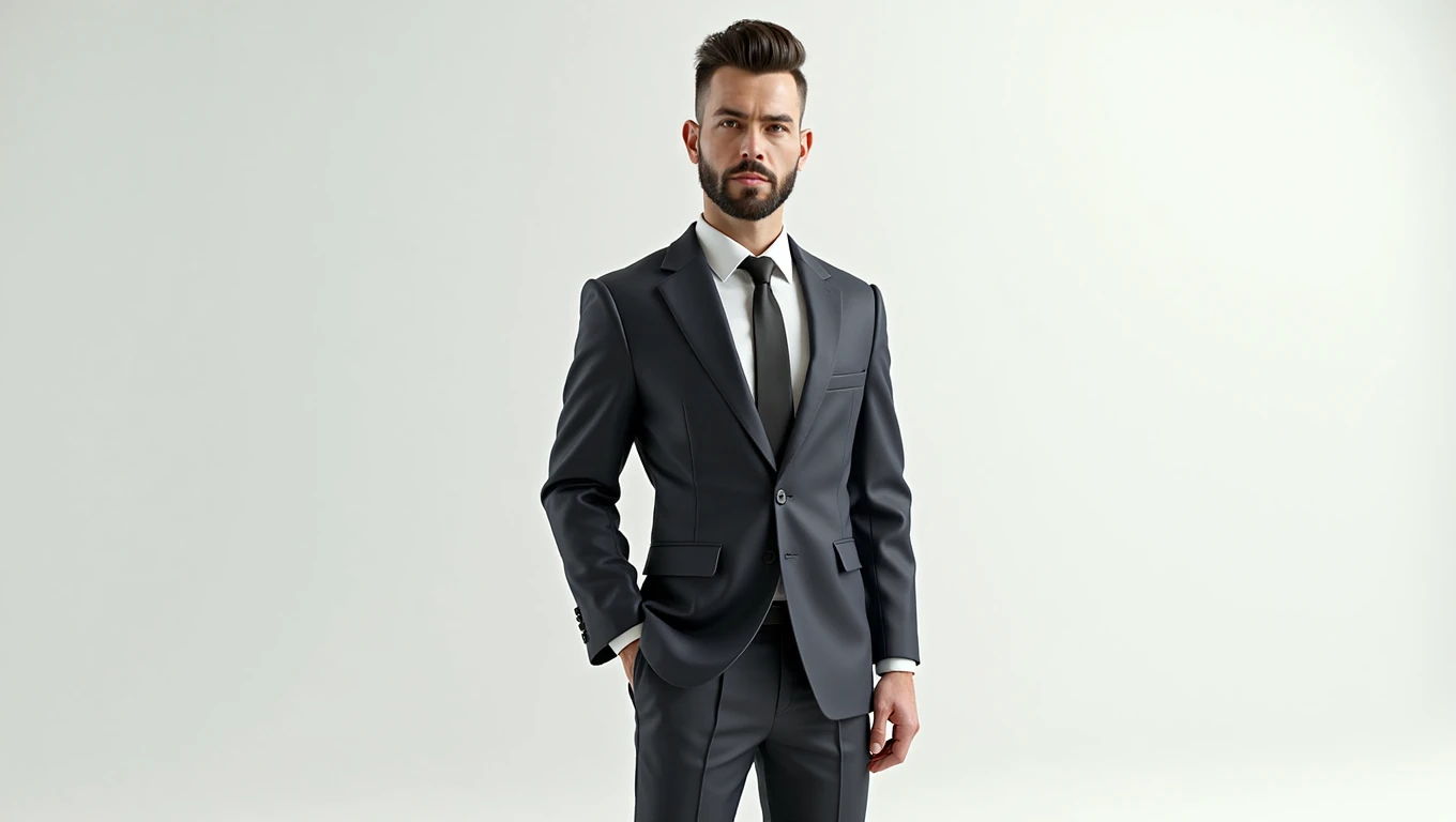 : A realistic 3D rendering of a computer model of a man, captured in a white studio, showcasing intricate clothing textures and natural lighting. 8k