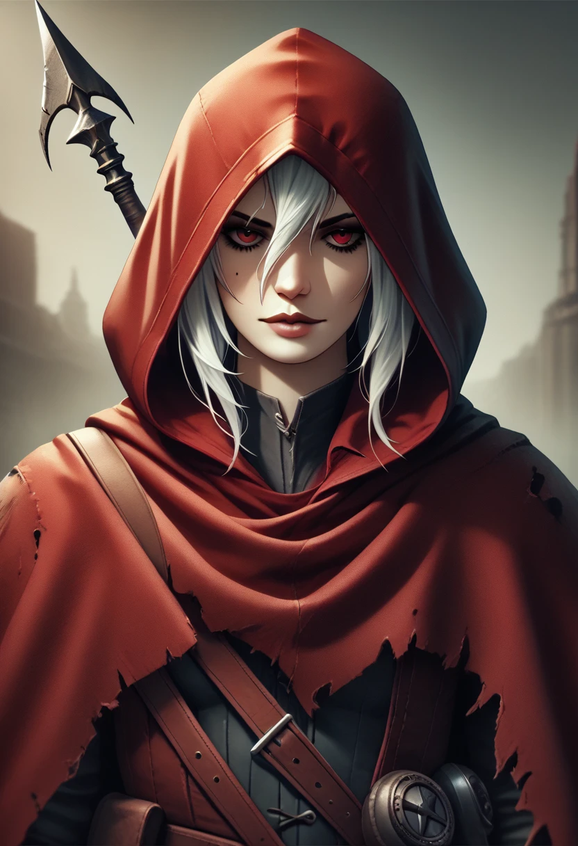 Villain, a post apocalyptic/dystopian paladin,tomboy,woman,skinny,red clothes,red cape,hooded,white hair,scarlet spear,nomad,inspired by the style of Caza, masterfully rendered with exceptional detail and thrilling, vivid colors, and somber lighting.
