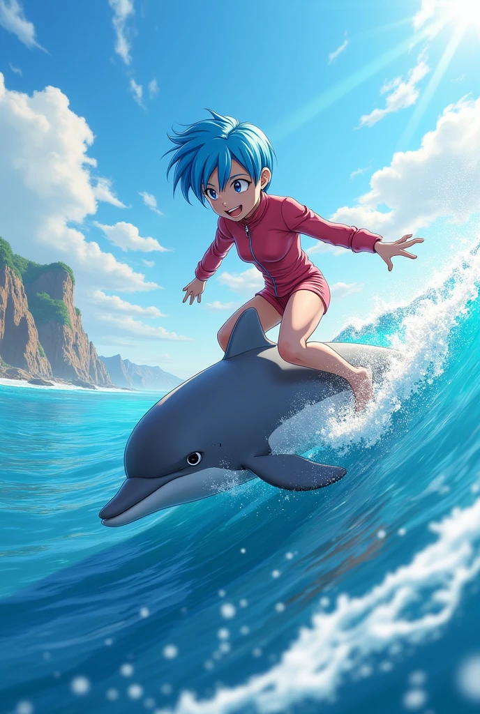 Bulma surfing on top of a dolphin