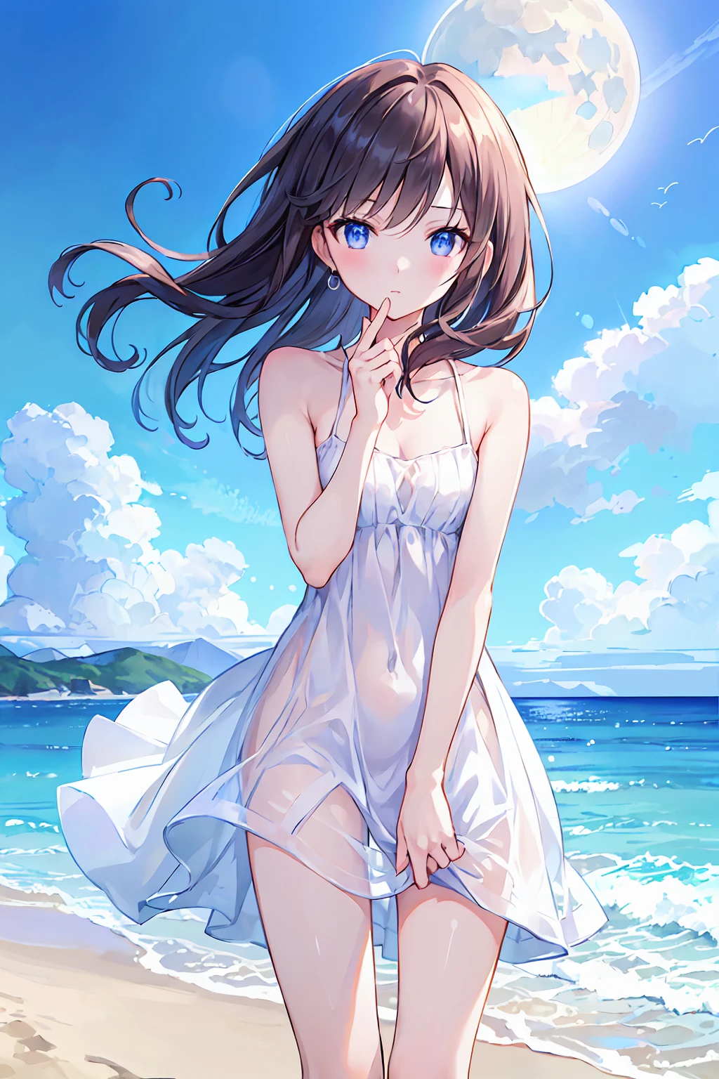 hiten kei style, claude monet, oil painting, masterpiece, best quality, 1girl, city pop, beach, blue sky, looking at another, topless, cowboy shot, vector illustration, nipples, light smile, blunt bangs, long hair, stomach, navel, bare shoulders, blonde, ponytail, blue eyes, happy, wavy hair, white sarong, white thong