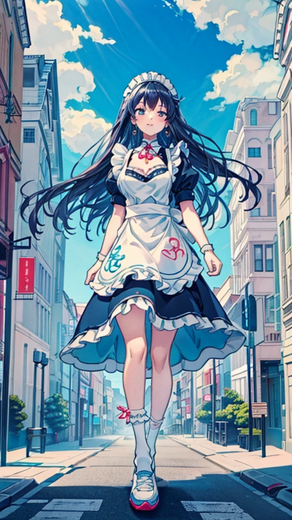 Composition seen from below - Blue sky with swirling clouds - Masterpiece - Back Anime-style delicate painting 4K 90's Giant Multiple girls Crowd Big city Crowd Many people ((A girl dressed as a giant maid walking in the valley of the city)), Maid outfit, Big breasts, White socks, wristwatch, black hair, smile, female giant girl whole body Crowd Unreal Engine, cleavage, drawing, earrings, long hair, cute drawing, beauty, analog style, whole body, sneakers
