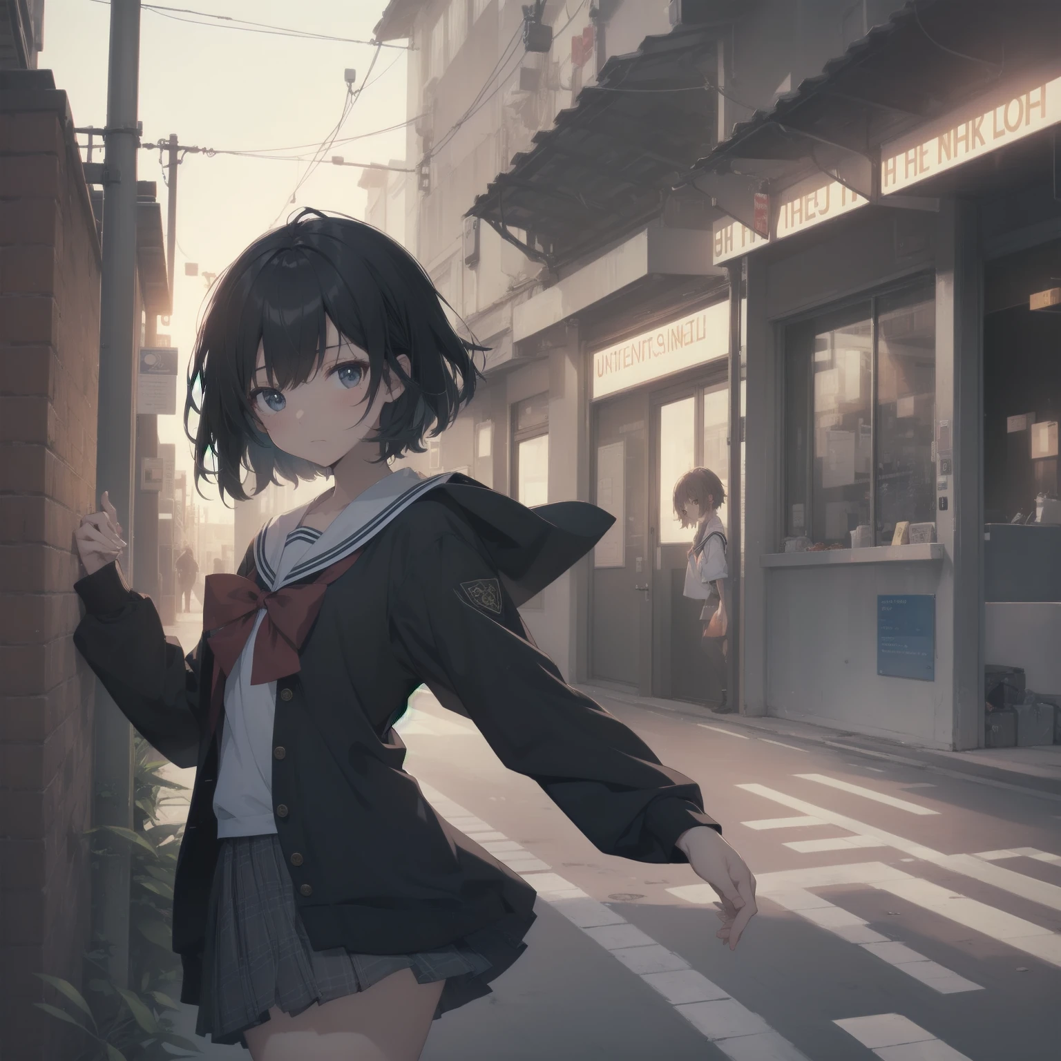 ultra-absurdres-Top quality by artist God, ultra-detailed, high resolution, anime moe artstyle, best anime 8k konachan wallpaper, pixiv contest winner, pool:2810, perfect anatomy,break, 1girl, (Please draw a girl walking sleepily to school alone. )break,(Solo,little female, 13-year-old:1.3),Full limbs, complete fingers,a junior high school student, (very short hair), short cut, flat chest, , small butt, small black eyes, beautiful detailed eyes, well-proportioned iris and pupils, expressive eyes, highres detailed hair, soft expression, salor school_uniform, sailor collar, serahuku, bow, pleated skirt,(Detailed Lighting), (Detailed background), in the School commute route. break,super detailed skin, Best cinematic lighting powered by famous artist, 8k,beauty illustration,photoshop_(medium),very aesthetic,break,((artist:shiromanta )), artist:clamp ,artist:carnelian ,artist:kantoku ,