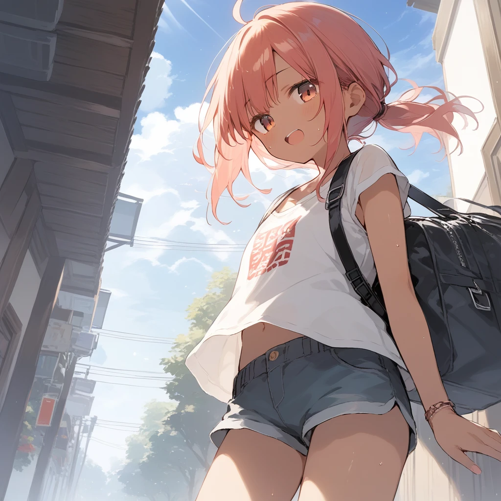 score_9, score_8_up, score_7_up, source_anime, best quality, masterpiece, official art, absurdres, highres, ultra-detailed,waifu2x,Collection: Slice of Life,break,1girl, tomboy, dark-skinned female, short hair, low ponytail, flat chest, groin, beautiful detailed eyes, shorts, sweat, open mouth, (yawn:0.3), sleepily, outdoors, wind,break,(clear line illustration:1.2), super detailed skin,very high resolution, very aesthetic, Best sexual lighting powered by famous artist, 8k, 16k, cute picture,beauty illustration,photoshop_(medium),,(Detailed Lighting),best anime 8k konachan wallpaper, pixiv contest winner,