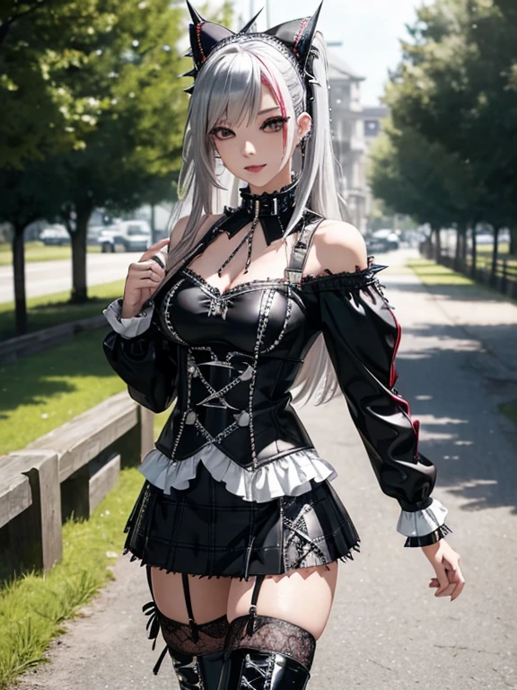 sexy stylish Japanese model, only 1 female, long blonde hair with red roots and black tips. stylish hair, ((shiny Punk-Style boots)), smile, Punk makeup, lip gloss, ((sexy Punk Lolita cosplay)), unconventional skirt, petticoats, high neckline, ((ultra detailed lace)), ((ultra detailed embroidery)), intricate details, tartan patterns, ((silver chains)), ((silver spikes)), ((safety pins)), Punk Lolita Punk Lolita choker, ((large sparkling Punk Lolita, cinematic light, detailed large park background with trees