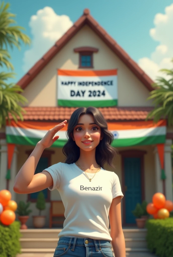 A real 15 year old boy , wearing a white "Pradip" T-shirt stands in front of a house decorated with Indian flags and tricolor balloons, saluting for an upcoming Independence Day celebration. The house has a large banner that reads "HAPPY INDEPENDENCE DAY 2024 and make sure text should be correct.