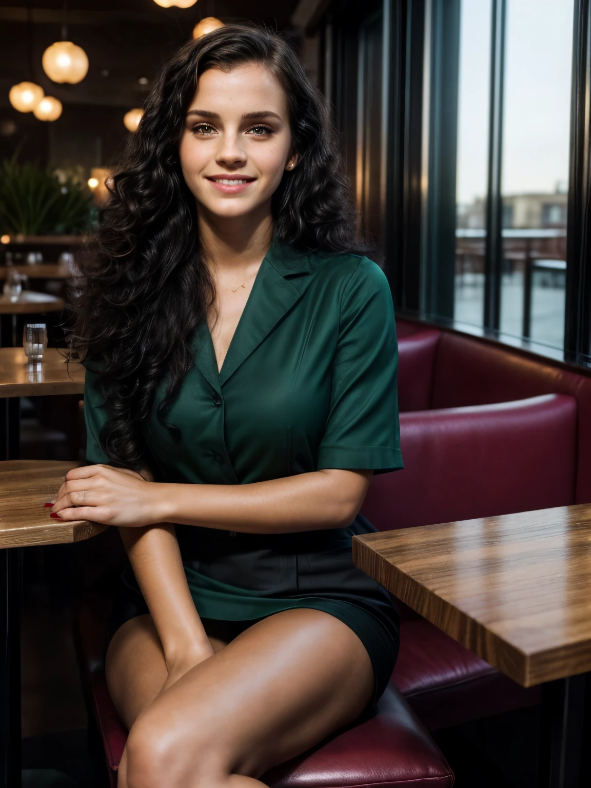 (colorful), high resolution, masterpiece, best quality, intricate high detail, highly detailed, sharp focus, detailed skin, realistic skin texture, real skin texture, realistic texture, professional, real life, ultra-realistic, photorealism, photography, realistic photography, UHD, photo RAW, one girl with black hair, Mix out of 10% Emma Watson and 15% Scarlet Johansson and 20% Rihanna, 172cm height, 68kg weight, ((soft curly intense long black hair)), intense green eyes, long dark black lashes, perfectly shaped dark black eyebrows, dark caramel tanned skin, slim and well-defined body, curvy body, elegant thin nose, small ears, full lips, white teeth, small soft ladylike hands, painted fingernails, (wearing a business outfit: 1.5), (((sitting in a colorful modern restaurant, laughing, relaxed mood))), portrait