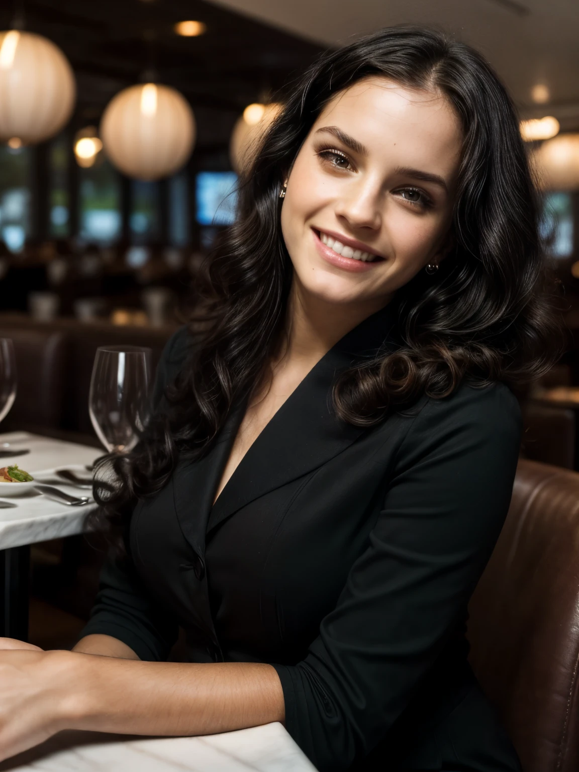 (colorful), high resolution, masterpiece, best quality, intricate high detail, highly detailed, sharp focus, detailed skin, realistic skin texture, real skin texture, realistic texture, professional, real life, ultra-realistic, photorealism, photography, realistic photography, UHD, photo RAW, one girl with black hair, Mix out of 50% Natalie Portman and 50% Kim Kardashian, 172cm height, 68kg weight, ((soft curly intense long black hair)), intense green eyes, long dark black lashes, perfectly shaped dark black eyebrows, dark caramel tanned skin, slim and well-defined body, curvy body, elegant thin nose, small ears, full lips, white teeth, small soft ladylike hands, painted fingernails, (wearing a classy business outfit: 1.5), (((sitting in a modern restaurant, laughing, relaxed mood))), portrait
