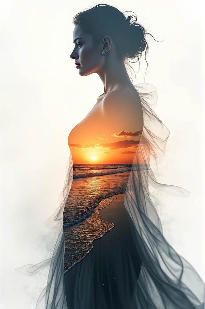 high quality, 8K Ultra HD, A beautiful double exposure that combines an goddess silhouette with sunset coast, sunset coast should serve as the underlying backdrop, with its details incorporated into the goddess , crisp lines, The background is monochrome, sharp focus, double exposure, by yukisakura, awesome full color,
