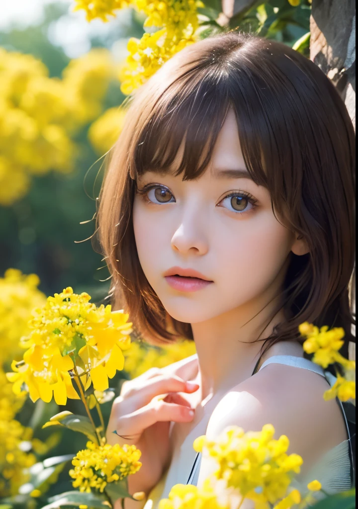 Psychedelic world、Gothicta、Cute 1、18-year-old girl、Big eyes、Small breasts、Light Goldenrod Yellowの髪、Colorful flowers background、Fractal Background、Perfect lighting、Sharp focus、High resolution、High resolution、High color reproducibility、High resolution、Advanced Processing、Ultra-realistic、Realistic 