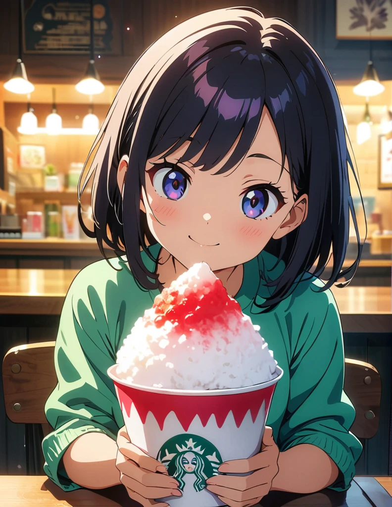 (anime artwork, anime style, studio anime, very detailed, up to date, vibrant, Anime Coloring, high contrast, masterpiece:1.2, best quality, best aesthetics),(2 girl:1.5),Best quality,light smile,{{incoming_shaved ice}}, {{feeding}}, holding_spoon, foreshortening,{{blurry_foreground}}, blush, open mouth, head_tilt, perfect anatomy,cafe, 