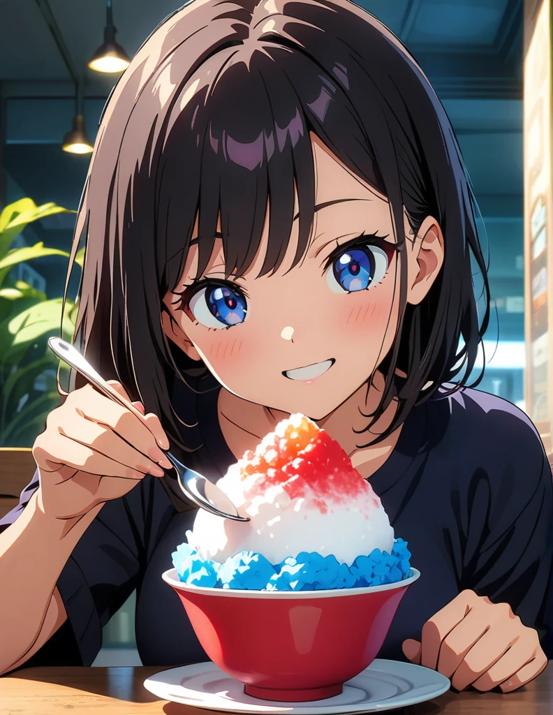 (anime artwork, anime style, studio anime, very detailed, up to date, vibrant, Anime Coloring, high contrast, masterpiece:1.2, best quality, best aesthetics),(2 girl:1.5),Best quality,light smile,{{incoming_shaved ice}}, {{feeding}}, holding_spoon, foreshortening,{{blurry_foreground}}, blush, open mouth, head_tilt, perfect anatomy,cafe,