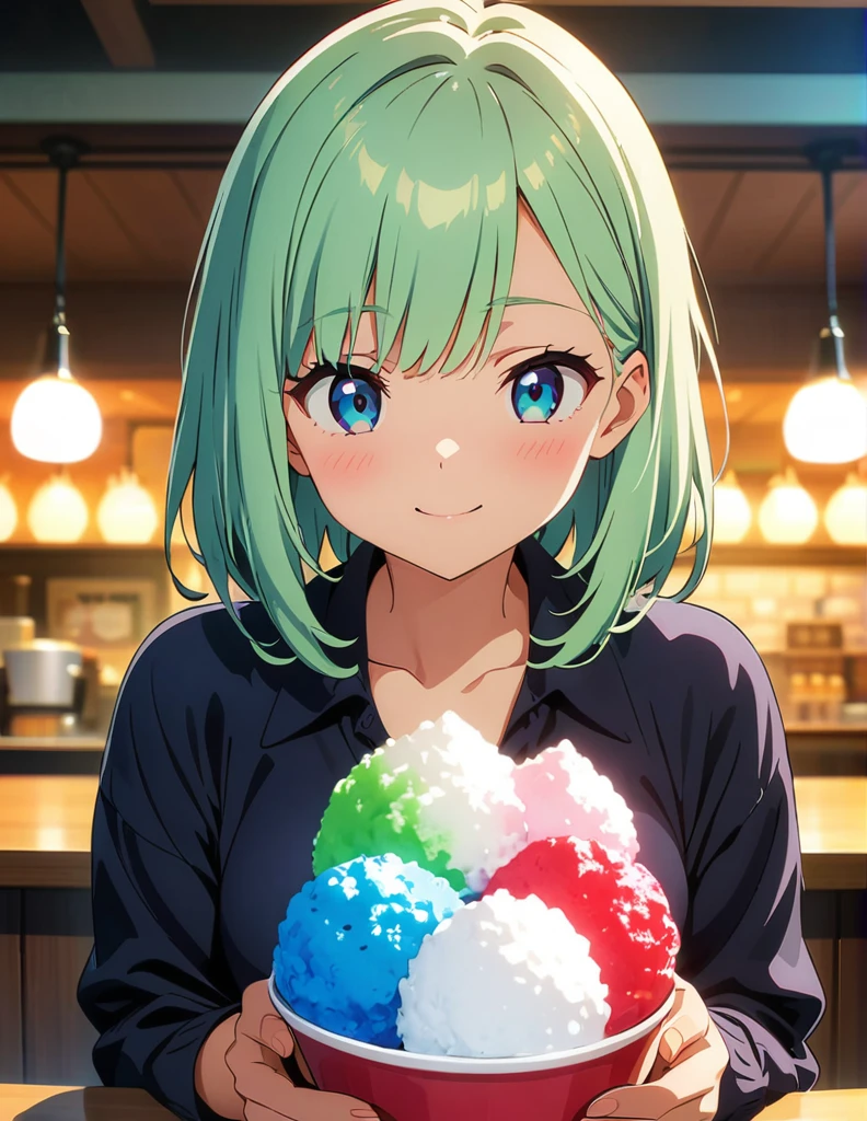 (anime artwork, anime style, studio anime, very detailed, up to date, vibrant, Anime Coloring, high contrast, masterpiece:1.2, best quality, best aesthetics),(2 girl:1.5),Best quality,light smile,{{incoming_shaved ice}}, {{feeding}}, holding_spoon, foreshortening,{{blurry_foreground}}, blush, open mouth, head_tilt, perfect anatomy,cafe, 