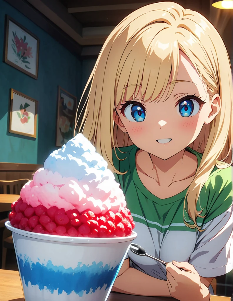 (anime artwork, anime style, studio anime, very detailed, up to date, vibrant, Anime Coloring, high contrast, masterpiece:1.2, best quality, best aesthetics),(2 girl:1.5),Best quality,light smile,{{incoming_shaved ice}}, {{feeding}}, holding_spoon, foreshortening,{{blurry_foreground}}, blush, open mouth, head_tilt, perfect anatomy,cafe,