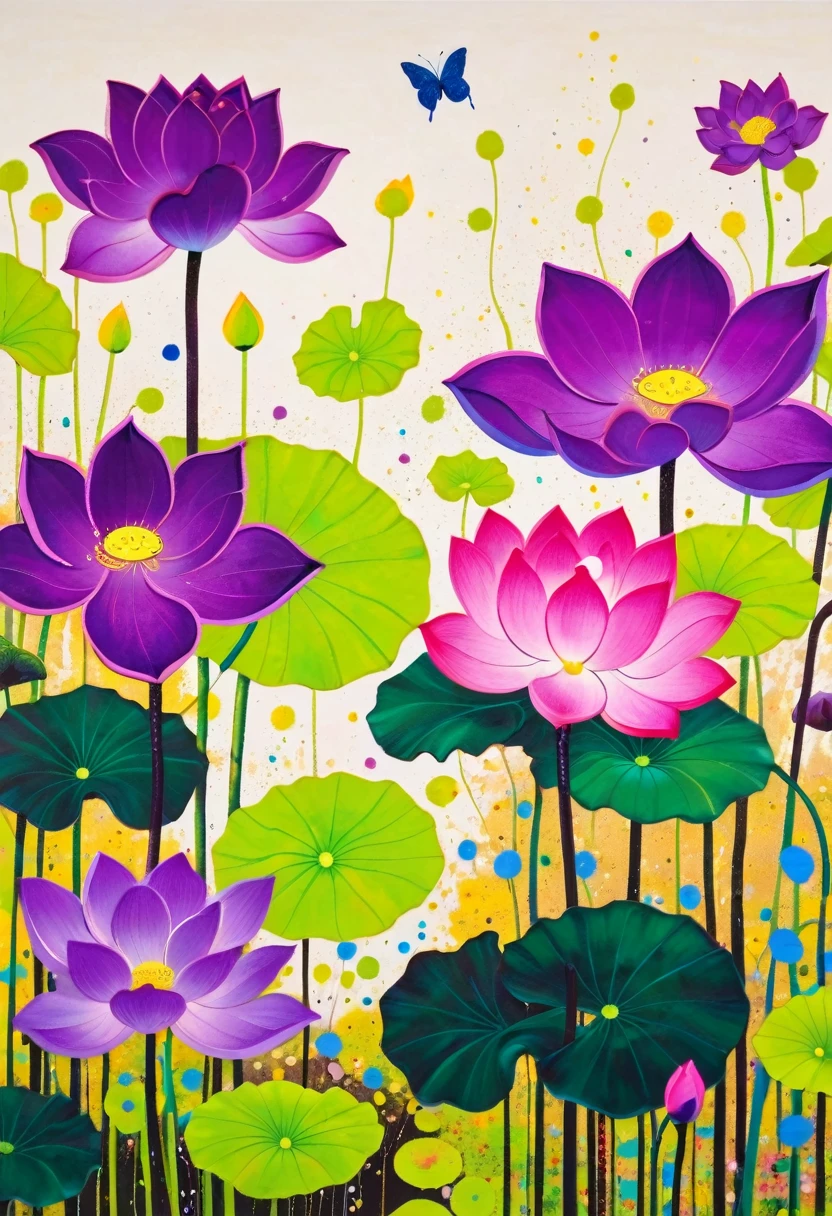 A painting:(((Colorful black,Chalk painting,Oil stick painting,Volume,Thick coating,Uneven texture,Plaster texture,Graffiti)))。Colorful black,Lotus Leaf, Bright colors, Purple和, cute的, Bright colors,cute, Lavender Color and Color Schemes, 和Purple的配色方案, Beautiful Art, Purple, Whimsical Art, 和Purple色调, Lime and Violet, Close together,, spring, Inspired by Tomokazu Matsuyama, Delightful