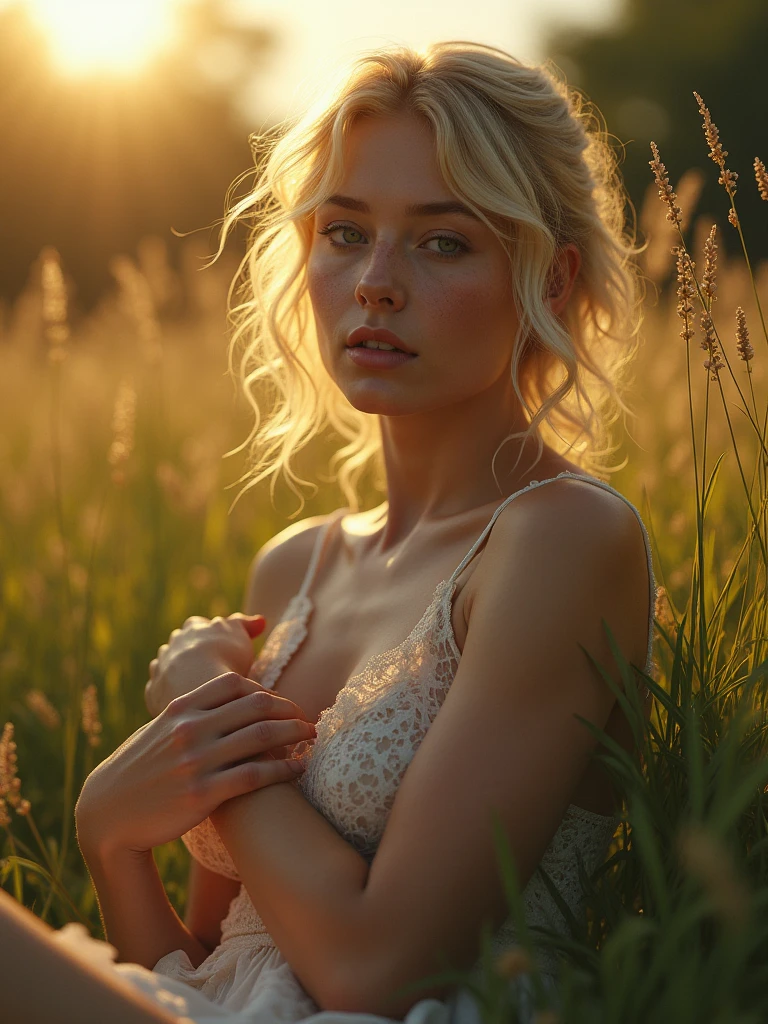 gorgeous young shy woman, blonde, french, dusty highway, flowers in wind, fog, haze, sweaty, dripping, hot girl, humid, wet hair, see through sexy nightgown, showing clevage, rose petals, beautiful face, sunlit, covered in flowers and petals, godrays, cozy, wet skin, morning dew, backlighting, hazy, golden hour, morning light, erotic mood, alone, countryside, shy, masterpiece, best quality, ultra-detailed, solo, smoke, shadows, contrast, close-up, cinematic light, side lighting, ultra high resolution, best shadow, RAW, 4k, sexy, cleavage