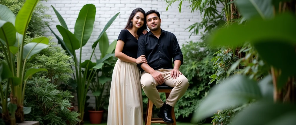 The image shows a couple posing in a lush, green, indoor garden setting. The woman stands to the left, slightly leaning into the man who is seated on a tall stool. She has her left hand gently placed on his right shoulder and his arm resting on her waist. She is dressed in a simple, elegant outfit: a black short-sleeved top tucked into a long, high-waisted cream-colored skirt that reaches down to her ankles. She is wearing nude-colored, low-heeled shoes. The man is seated on the stool with his hands resting on his knees. He is wearing a casual yet neat outfit: a dark, long-sleeved shirt with the sleeves rolled up, beige chinos, and black ankle boots. He looks straight into the camera with a calm expression. The background is filled with various green plants and shrubs, creating a serene, natural atmosphere. The white brick wall behind them is partially visible through the foliage, adding a subtle contrast to the greenery. The floor is covered with green artificial grass, which, combined with the plants, gives the space an almost outdoor-like feel despite being indoors. Overall, the composition of the image is intimate and tranquil, with the couple's close proximity and the lush, vibrant greenery surrounding them contributing to a warm and peaceful mood. The woman has a delicate and refined facial structure with soft features. Her face is slightly oval, and she has high cheekbones that subtly enhance her gentle expression. Her complexion is fair, and her skin appears smooth and flawless. Her dark hair is neatly pulled back, accentuating her slender neck and graceful posture. Her eyes are almond-shaped, and she has a serene, almost serene gaze directed towards the camera, giving her a composed and calm appearance. Her lips are naturally full and slightly curved into a gentle, content smile. The man has a more angular facial structure, with a strong jawline and prominent cheekbones. His broad face and dark, thick hair, neatly styled, frame his features well. He is dres