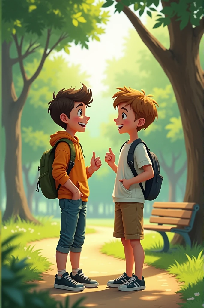 Two boys, aged 14 to 15 years, are talking to each other in the park.