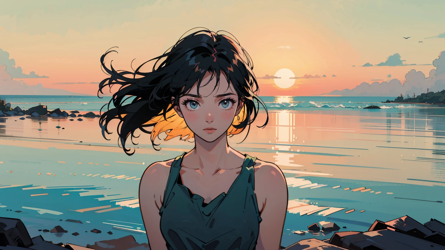 Upper body shot of a sultry, heartbroken young woman on a vast, empty Tokyo beach at twilight, positioned left. She's turning towards the camera, face showing melancholy and defiance. Wearing a tank top, reflecting the fading golden light of sunset. Tousled hair from the sea breeze. The expansive, nearly deserted beach emphasizes her solitude. Soft, muted colors of dusk paint the sky and water, creating a melancholic atmosphere that mirrors her emotional state. Her alluring isolation is dramatically emphasized against the vast, open landscape