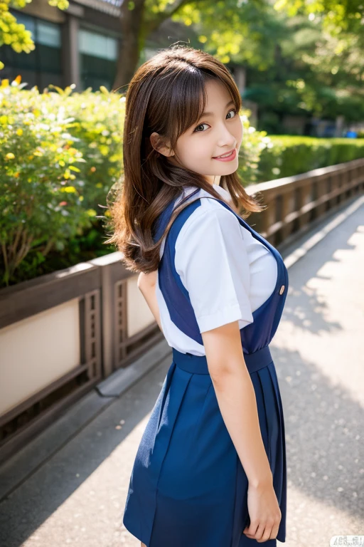 Aiki Enami walking around town in her school uniform, nurse, Medium brown hair, Big Butt, Big Breasts, Japanese Beauty,