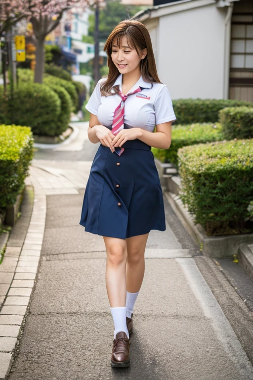 Aiki Enami walking around town in her school uniform, nurse, Medium brown hair, Big Butt, Big Breasts, Japanese Beauty,