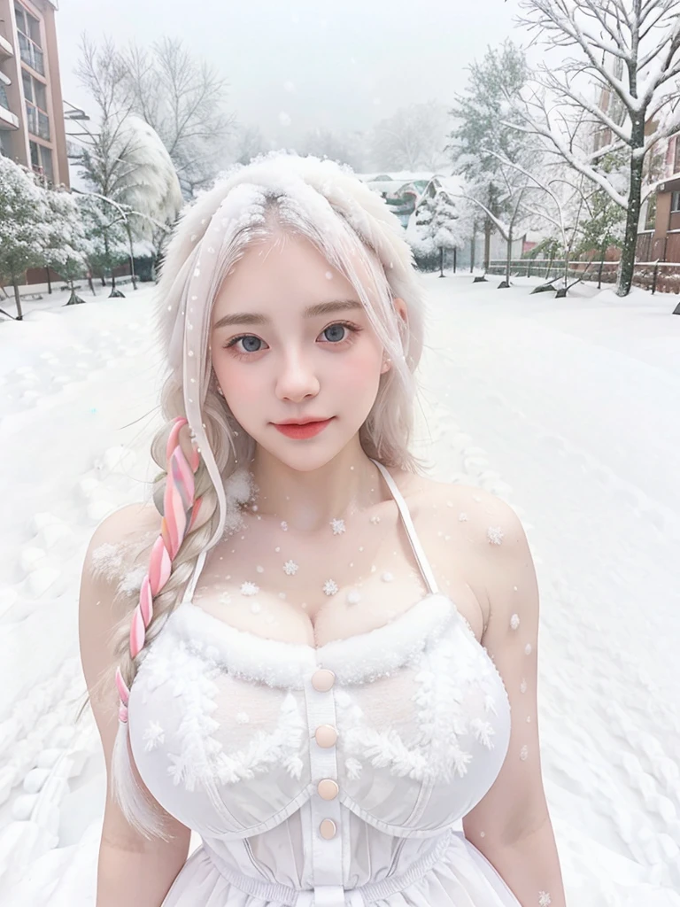 1 Girl, Beautiful, , 20 Years Old, White Skin, Huge Chests, Colossal Breasts, Pose, Cleavage, Perfect Lolita Dress, White Eye, Muscles:1.3, Outdoor, Bokeh:1.1, Drill Hair, Tied Hair, ((White Gradient Coloured Hair)), ((Snow:1.5))