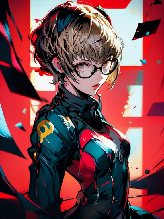 in the art style of persona5, (((satonaka chie))), (masterpiece:1.2, highest quality), (Realistic, photoRealistic:1.4), Beautiful illustrations, (Natural Side Lighting, Cinema Lighting), Written boundary depth, Beautiful thighs staring at the viewer, (((Face Focus, Upper Body))), 1 female, 20-year-old, alone, thin, slender, (small breasts), thin, slender, ((glasses)), Are standing, ((Close-up)), ((Close-up)), ((Close-up))