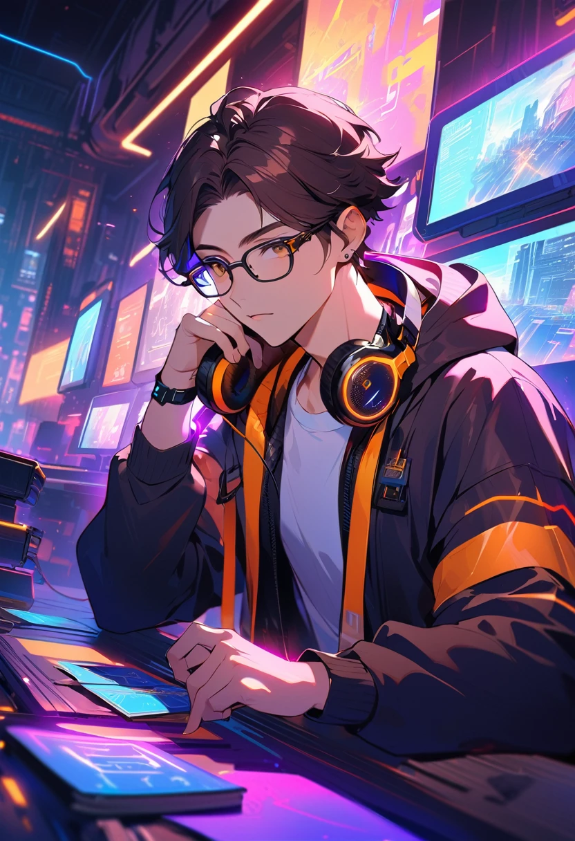 young man with dark brown hair, wearing black-framed glasses, sporty outfit with a black vest and white long-sleeve shirt, orange earphones around his neck, sitting at a desk, holding a card, multiple cards and booklets on the desk, focused expression, neon-lit background with multiple screens, cyberpunk atmosphere, futuristic and urban setting