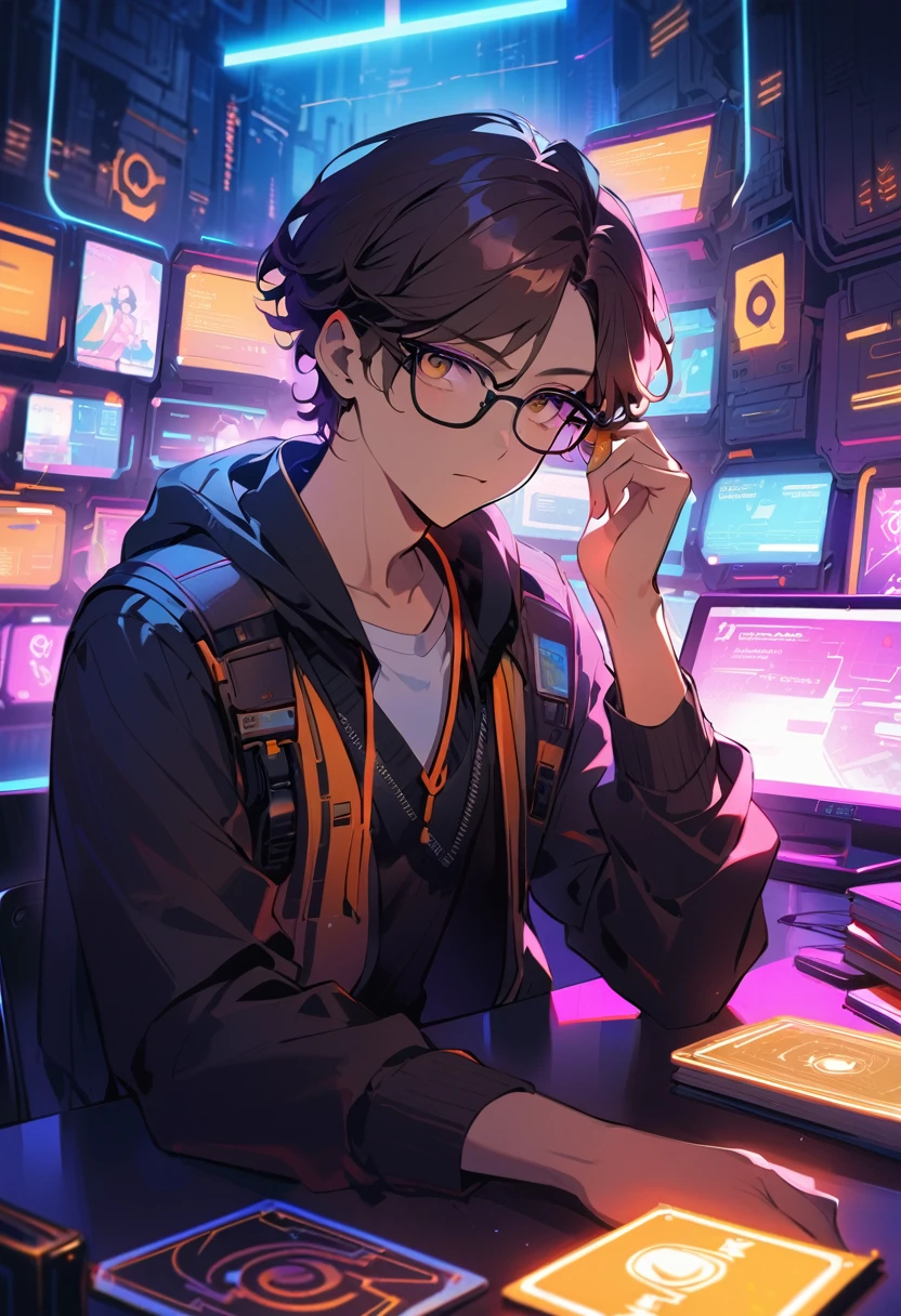 young man with dark brown hair, wearing black-framed glasses, sporty outfit with a black vest and white long-sleeve shirt, orange earphones around his neck, sitting at a desk, holding a card, multiple cards and booklets on the desk, focused expression, neon-lit background with multiple screens, cyberpunk atmosphere, futuristic and urban setting