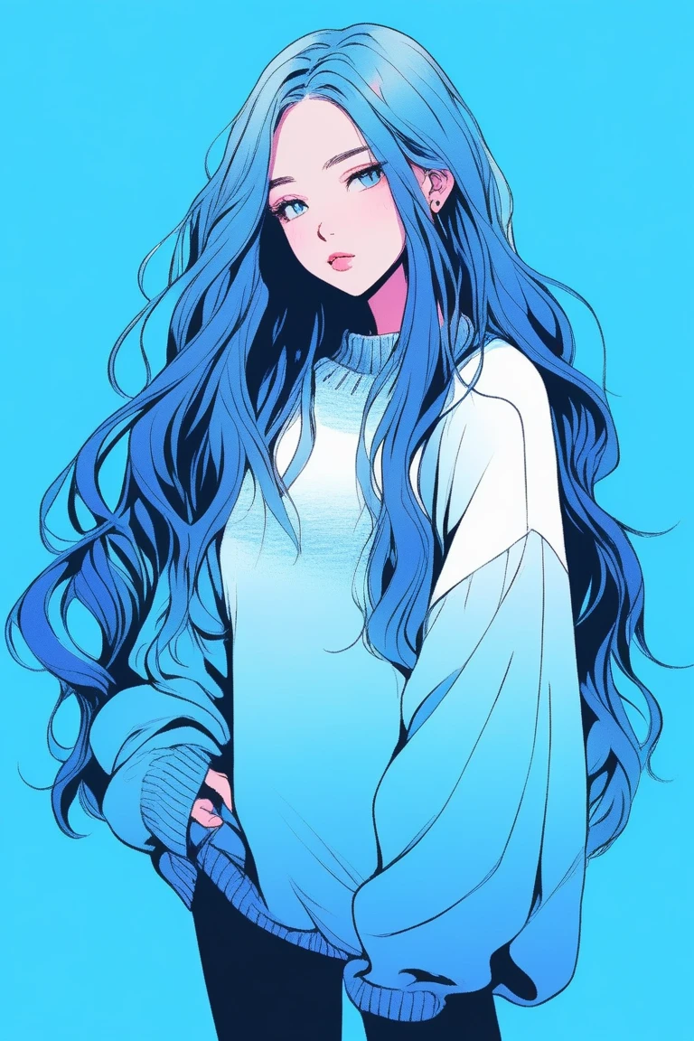 Illustrator, anime , Realistic ,sketch , 1 person, ,lip, sweater, whole body, order, Blue gradient background, Neon Long Hair,Texture Trim, Canadian, (masterpiece,Highest quality) cancer