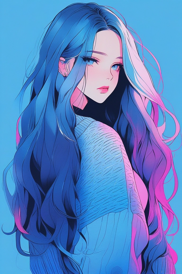 Illustrator, anime , Realistic ,sketch , 1 person, ,lip, sweater, whole body, order, Blue gradient background, Neon Long Hair,Texture Trim, Canadian, (masterpiece,Highest quality) cancer
