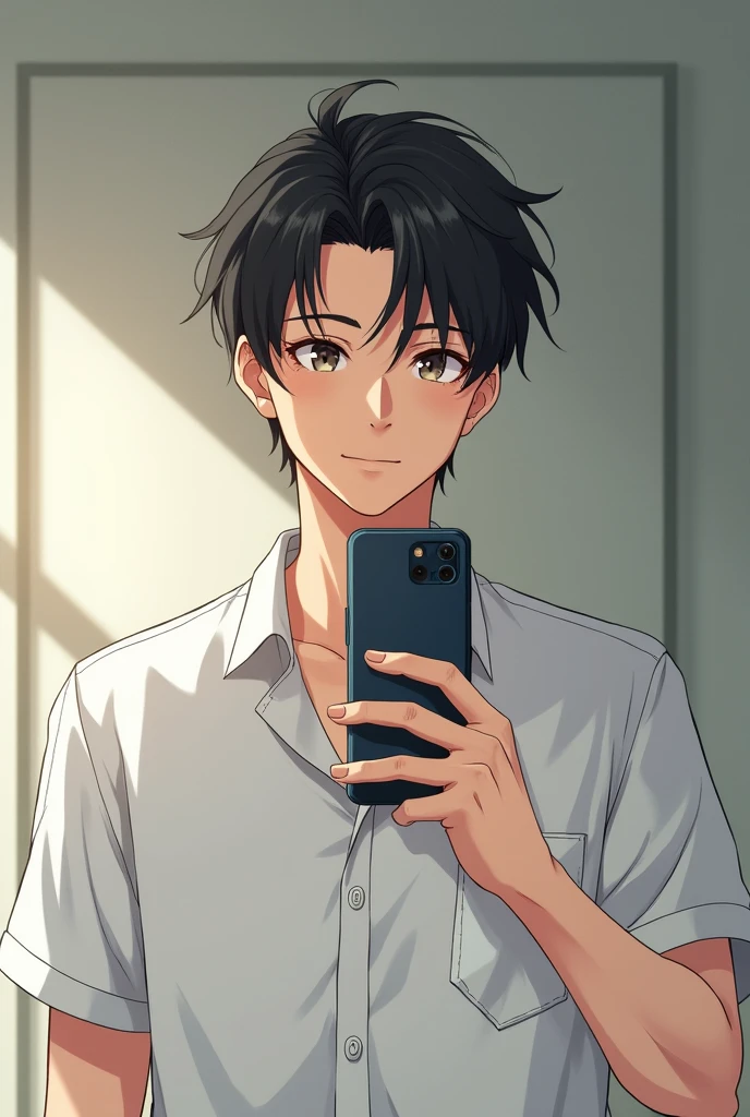 Handsome Japanese high school student takes a selfie in front of the mirror. He is handsome、Hair swept to the side.