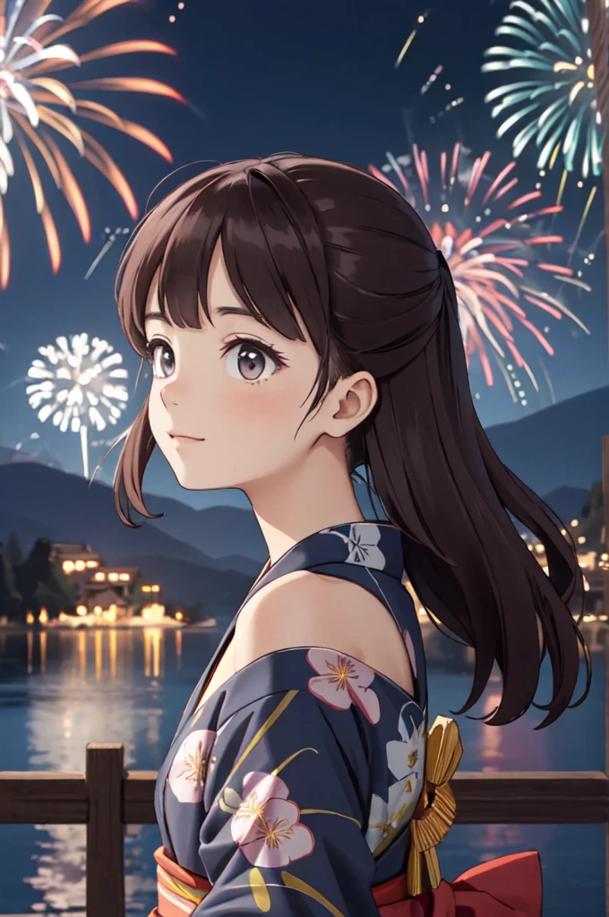 masterpiece, best quality, ultra detailed, highres, extremely detailed CG unity 8k wallpaper, perfect lighting,  very detailed background, beautiful and aesthetic,sharp focus, perfect face, dynamic pose, dynamic angle,
1girl, upper body, (portrait:1.1), multicolored yukata, kanzashi, looking at viewer,  full-face blush, from side, from below, smile,
night, dark sky, misty lake, mountainous horizon, break,aerial fireworks,  (Full of sky fireworks:1.2),
Shoulder Bare、Off the shoulder