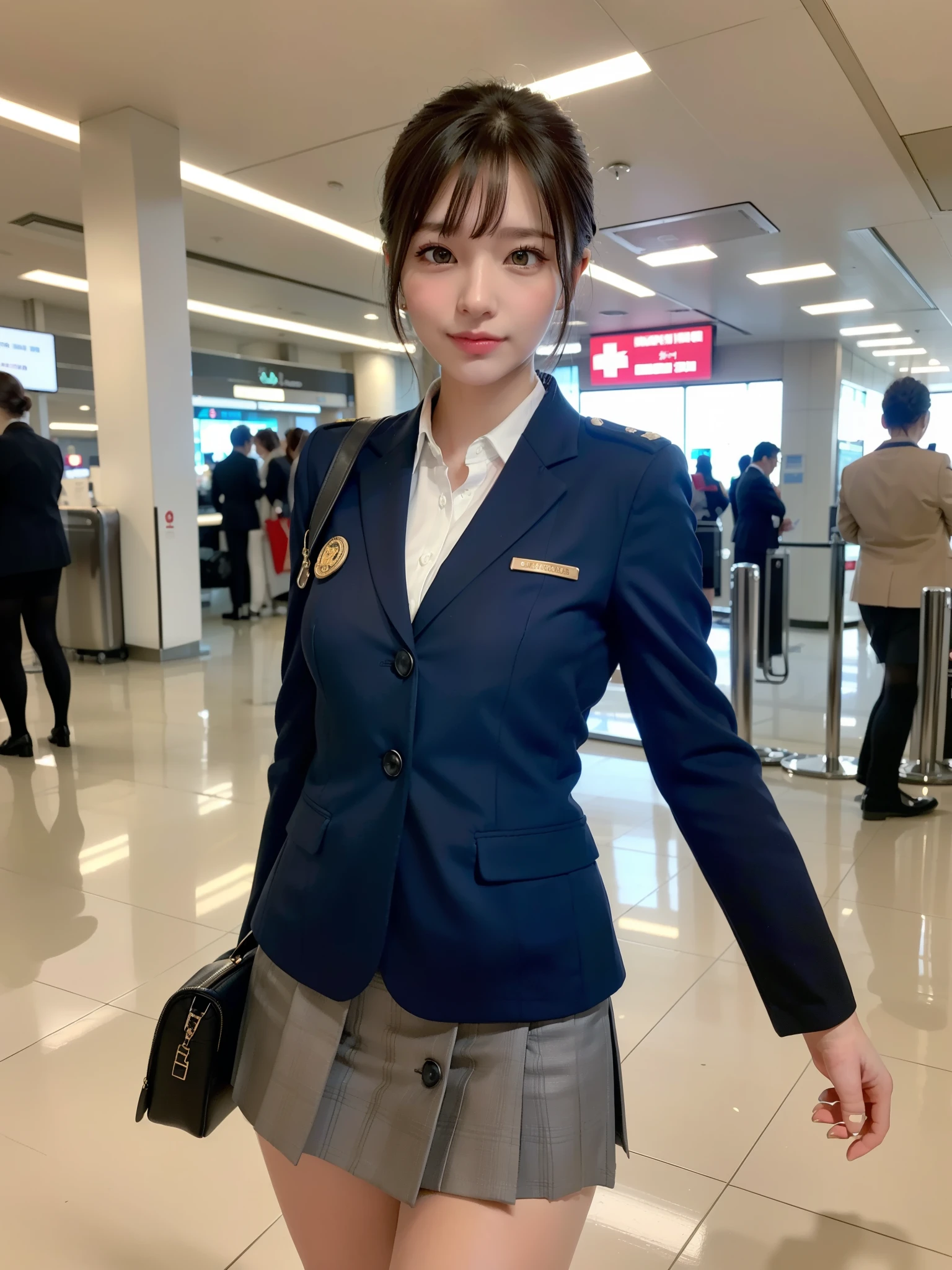 ((Best of the highest quality, 8k, Masterpiece, raw photo: 1.2)), (Sharp focus: 1.2), (1 AESPA, slim body type female, 21 y/o: 1.1), (solo: 1.28), (realistic, photo-realistic:1.37), cute face, finely eyes, (droopy eyes: 1.32), (Emphasize prominent aegyo-sal with bright: 1.2), shimmering eyeshadow applied under the lower lash line, paired with thick, (small breasts, flat chest, Thigh: 1.3), (short messy hair, bangs, updo: 1.2), (airline uniform, blazer, tight skirt: 1.32), walking airport terminal,