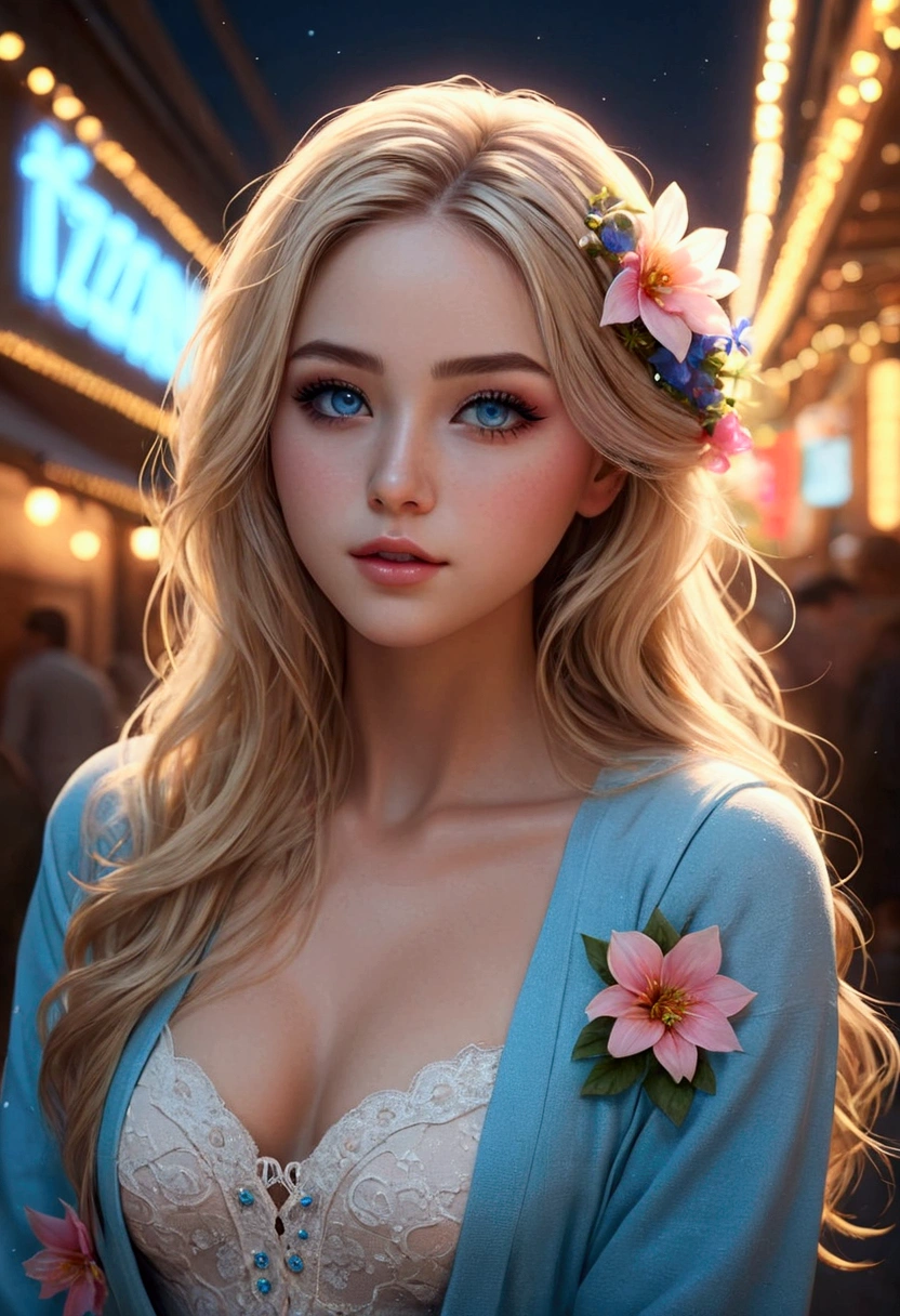 ((Flower style)), (advntr), (1 woman_back, whole body), (((alone))), (realistic:1.5), light particles, realism, photorealistic, octane render, 8k, neon lights, detailed face, detailed eyes, long line, very long hair, blonde hair, blue eyes, (sharp eyeliner, eye shadow, detailed eyes:1.1), (Ulzzang-6500), back model pose, (standing), (outdoors), Noon time, public place, inside,