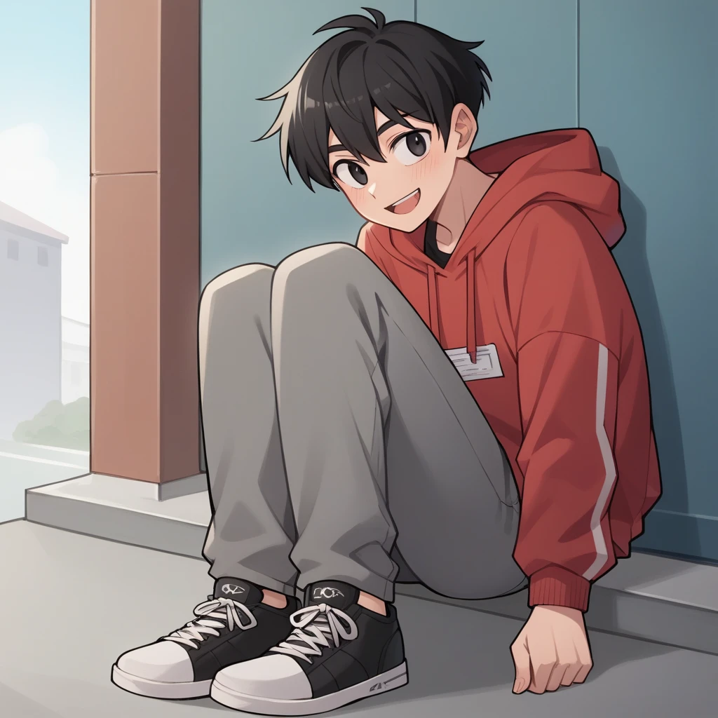 zPDXL, score_9, score_8_up, score_7_up, source_anime, 8k, absurdres, 
1girl, solo,  Miguel Have Black hair, black eyes, red sweatshirt, gray pants, black sneakers, an M in the upper right corner of the hair Two strands of hair raised in the upper right corner of the hair looking like the letter M and a neutral expression with a smile . He's not depressed and he's not black and not so white or pale. 
Imagine him standing and looking a little to the right