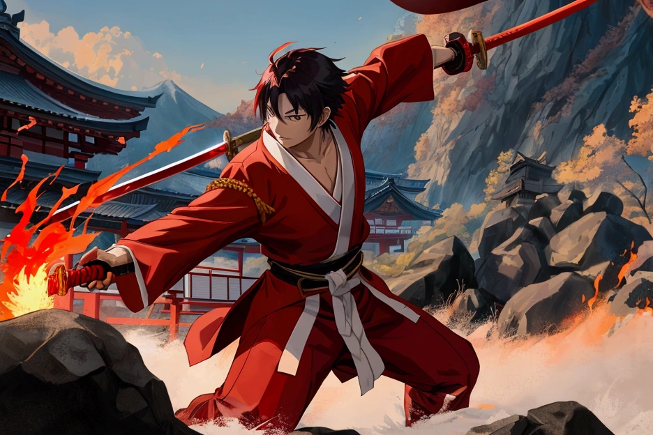 Japanese anime swordsman wearing a red outfit, a red robe, standing in front of a Japanese village, holding a red sword on fire, using the ultimate move, the Fire Dragon move.