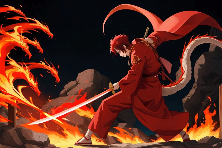Japanese anime swordsman wearing a red outfit, a red robe, standing in front of a Japanese village, holding a red sword on fire, using the ultimate move, the Fire Dragon move.