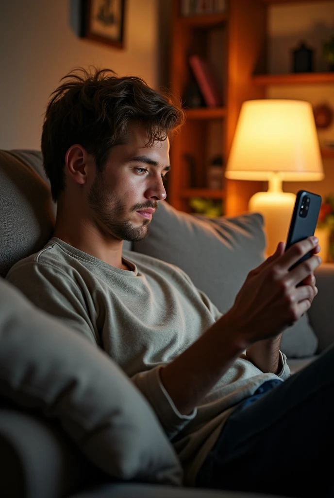 Brown haired guy playing on phone sitting on sofa 