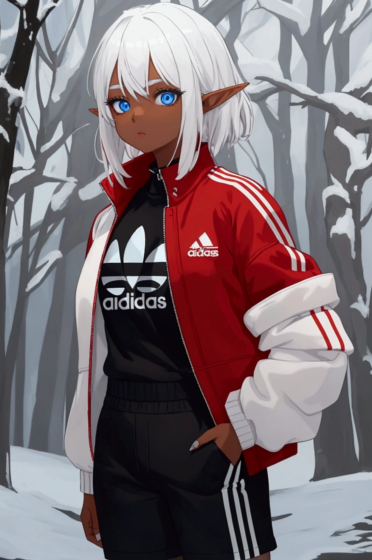 an elf girl with white hair and blue eyes, star-shaped pupils, brown skin color, He is wearing short sportswear, black pants with red stripes, with a black and white Adidas jacket, the jacket is open without censorship, The biome where the girl is is snowy,