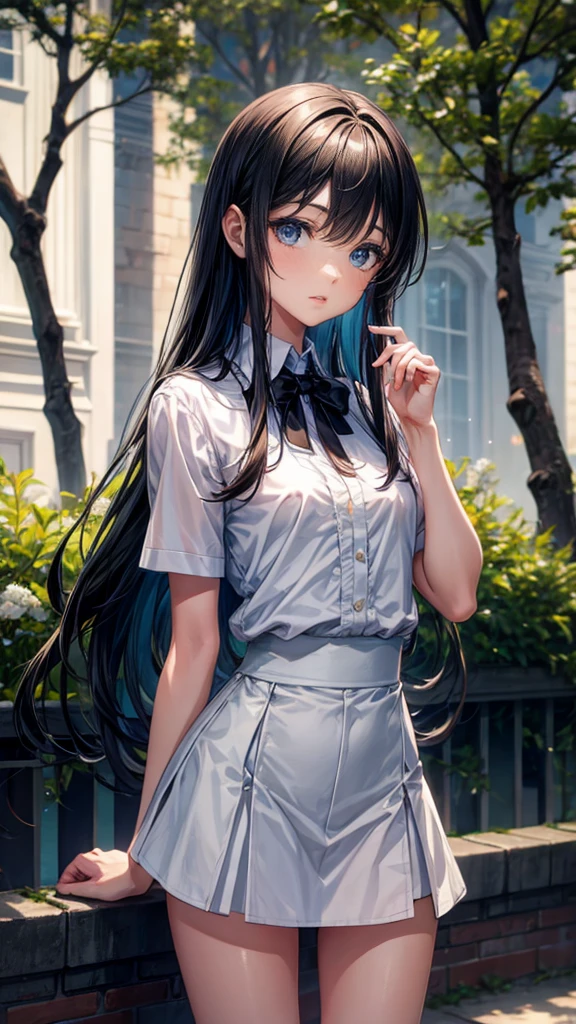 ((True best masterpiece, Ultimately perfect quality, Extremely delicate details)), ((Shy, Quiet, Neat, Gentle, Cute)), An introverted teenage girl, With skinny slim body, With dark-blue eyes, With long brown-black hair, With flat bust, Wearing a white y-shirt neatly, With black tie, Wearing a black fabric skirt, With gather, In the park, Modern, Lite