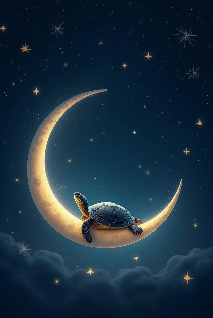 Draw a turtle in a crescent moon, next to it are many twinkling stars