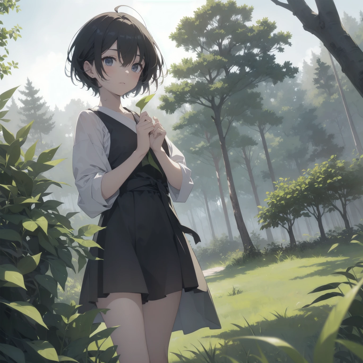 ultra-absurdres-Top quality by artist God, ultra-detailed, high resolution, anime moe artstyle, best anime 8k konachan wallpaper, pixiv contest winner, pool:2810, perfect anatomy,break, 1girl, ninja, (Please draw a ninja girl walking sleepily to forest alone. )break,(Solo,little female, -yeld:1.Full limbs, complete fingers,(very short hair), short cut, flat chest, thighs, small butt, small black eyes, beautiful detailed eyes, well-proportioned iris and pupils, expressive eyes, highres detailed hair, expressionless,ninja clothes, bare arms, short kimono, sleeveless kimono, short shorts, scarf, (Detailed Lighting), (Detailed background), night, in the forest. break,super detailed skin, Best cinematic lighting powered by famous artist, 8k,beauty illustration,photoshop_(medium),very aesthetic,break,((artist:shiromanta )), artist:clamp ,artist:carnelian ,artist:kantoku ,
