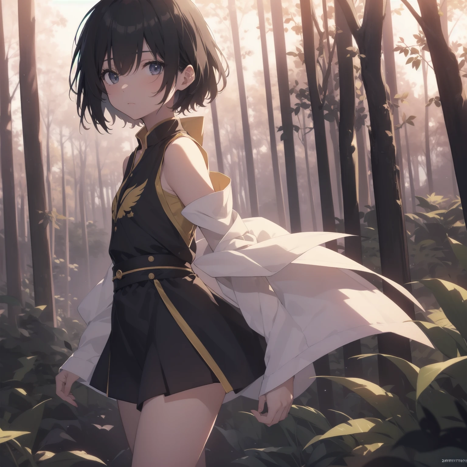 ultra-absurdres-Top quality by artist God, ultra-detailed, high resolution, anime moe artstyle, best anime 8k konachan wallpaper, pixiv contest winner, pool:2810, perfect anatomy,break, 1girl, ninja, (Please draw a ninja girl walking sleepily to forest alone. )break,(Solo,little female, 10-year-old:1.3),Full limbs, complete fingers,(very short hair), short cut, flat chest, thighs, small butt, small black eyes, beautiful detailed eyes, well-proportioned iris and pupils, expressive eyes, highres detailed hair, expressionless,ninja clothes, bare arms, short kimono, sleeveless kimono, short shorts, scarf, (Detailed Lighting), (Detailed background), night, in the forest. break,super detailed skin, Best cinematic lighting powered by famous artist, 8k,beauty illustration,photoshop_(medium),very aesthetic,break,((artist:shiromanta )), artist:clamp ,artist:carnelian ,artist:kantoku ,