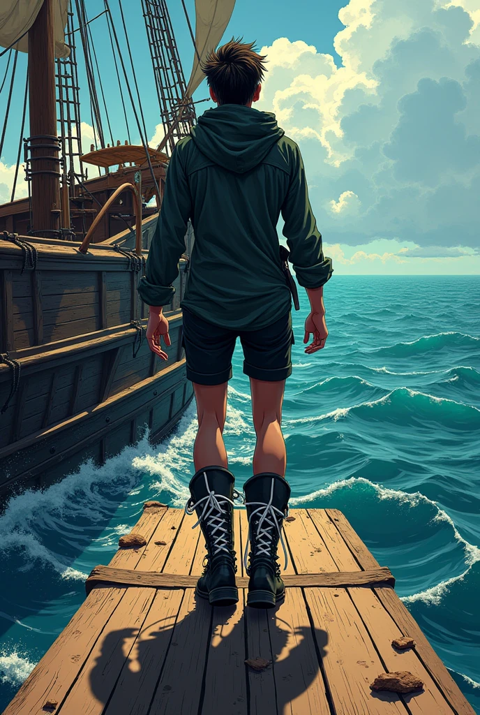 Draw me a picture, where someone is sent over the plank of a pirate ship. In the picture you should see the plank, See combat boots with white laces. It should be in a comic anime style