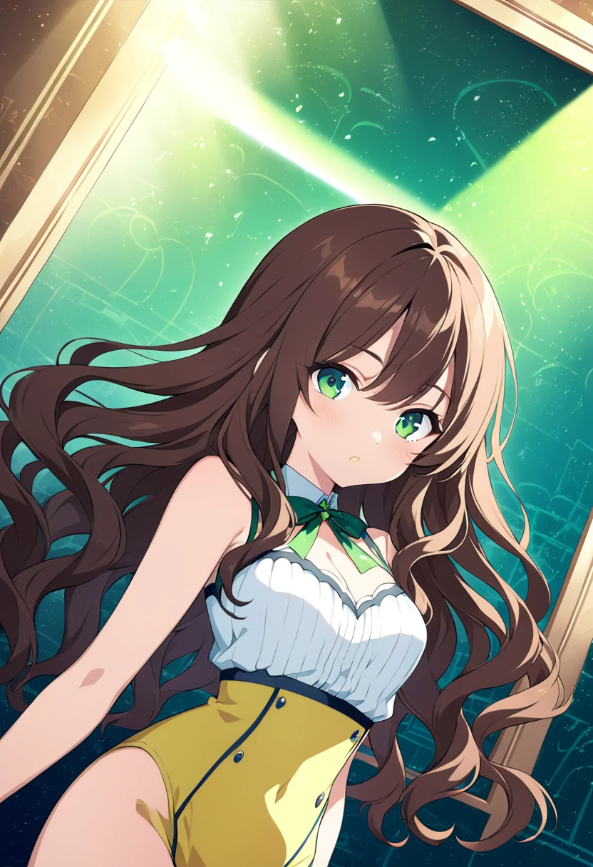 beautiful girl, 18 years ((Appearance: green eyes, long slightly wavy hair, brown-haired, slim waist, Narrow hips, 2 bust size )) (( style: anime, 2d )) (( quality: beautiful light, 16k Wallpaper, cinematogram )) (( angle: 0.6 fov ))
